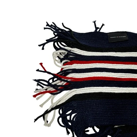 Vintage Tommy Hilfiger Embroidered Scarf Navy Blue With Red & White Stripes - Picture 4 of 6